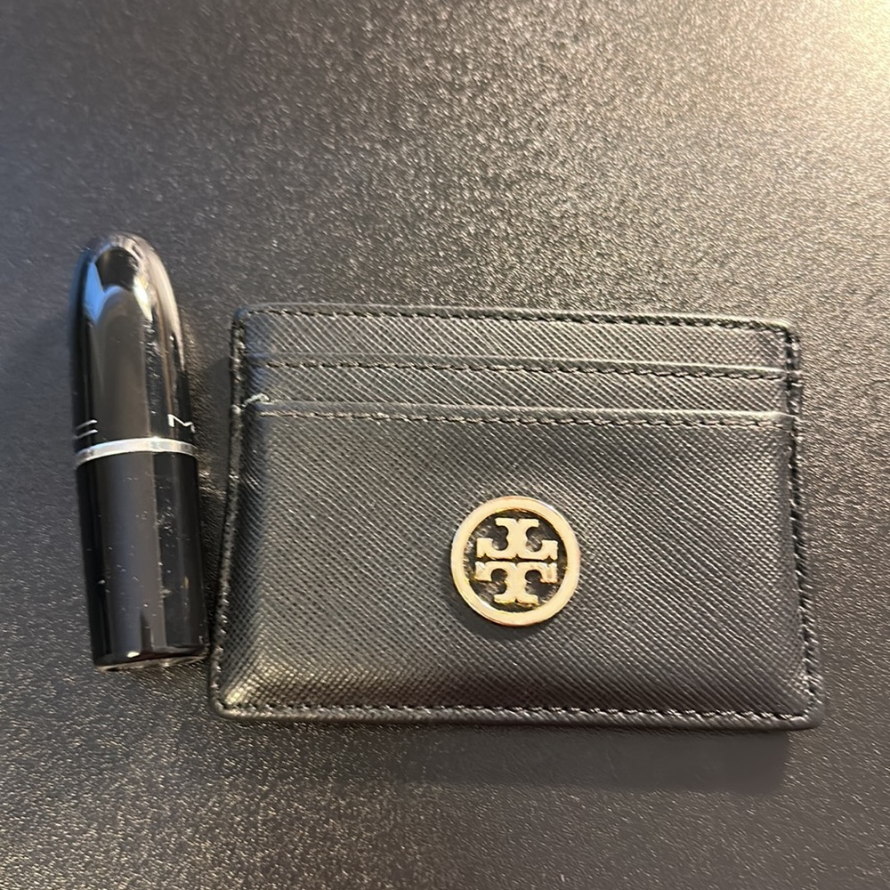 Tory Burch Black Leather Gold Logo Card Case Wallet